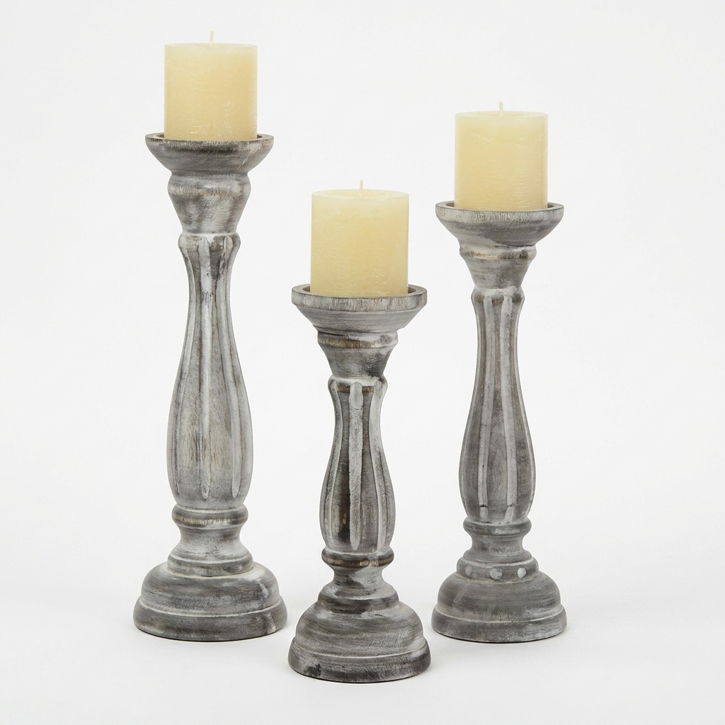 White Wood Turned Candle Holders Set of 3 - product photo