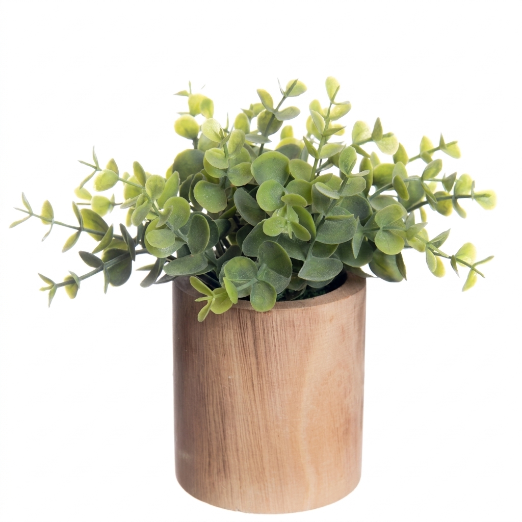 Artificial Eucalyptus Bundle in Wooden Pot | 8 Inch Faux Plant - product photo