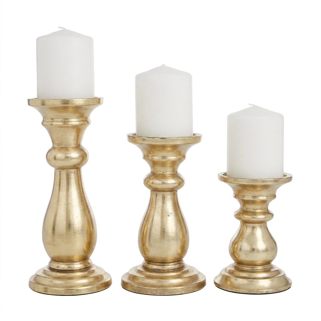 Gold Mango Wood Pillar Candle Holders Set of 3 - product photo